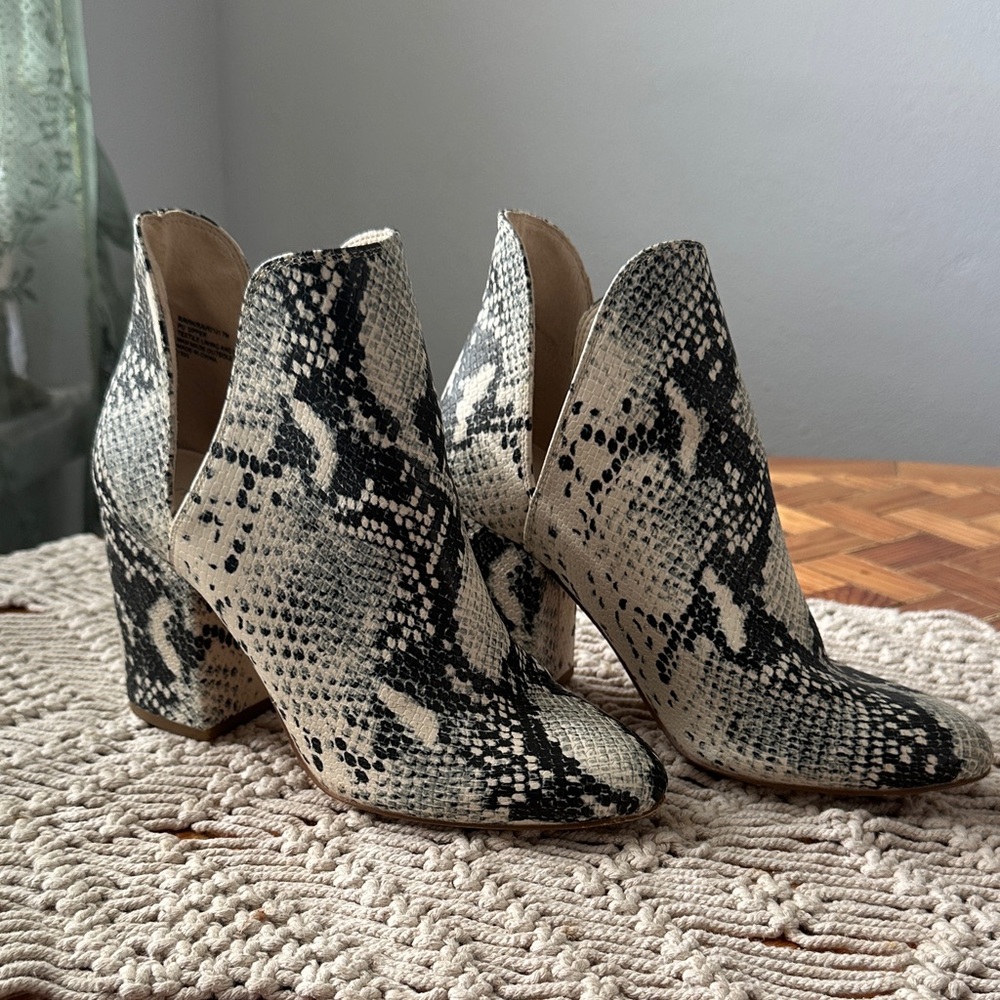 Madden Girl Black and Cream Snakeskin Ankle Booties